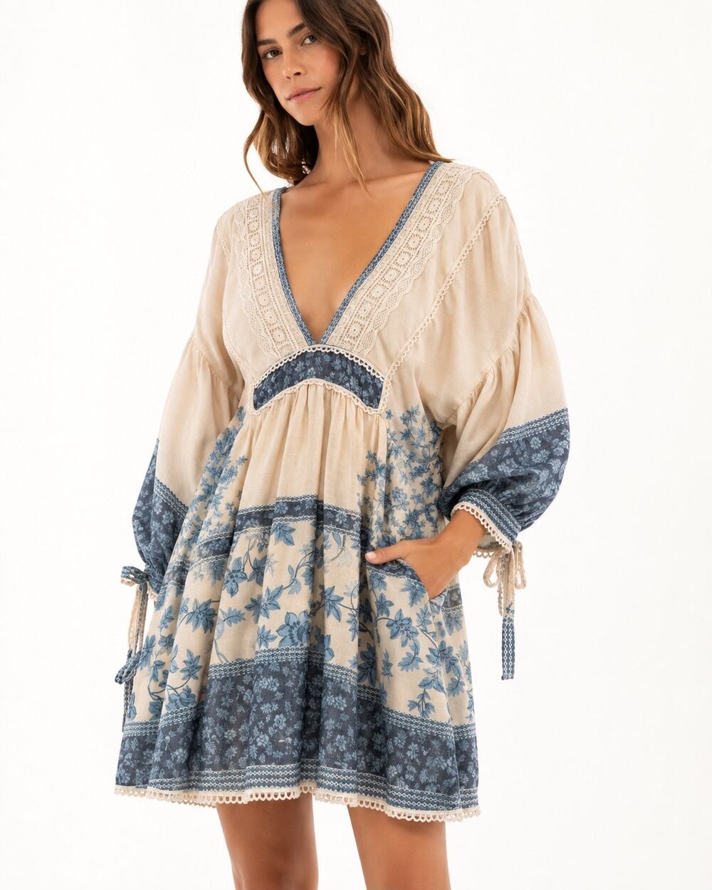 Agua Bendita Alex Azurro Short Dress Boho Floral Patchwork Design Size S
